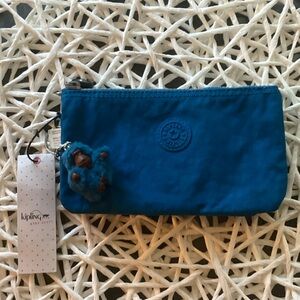 Kipling Teal Blue Nylon Wristlet Pouch with Monkey Charm